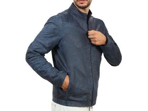 Giubbino in pelle di vitello rifinizione dakota blu jeans