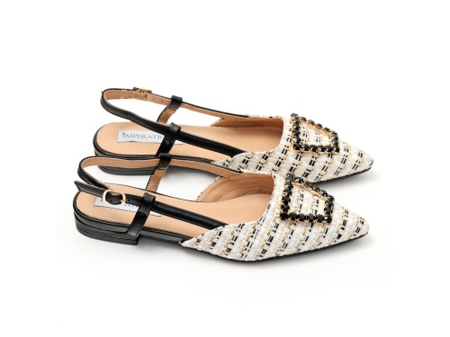 Ballerine slingback in tweed e simil pelle con applicazione gioiello