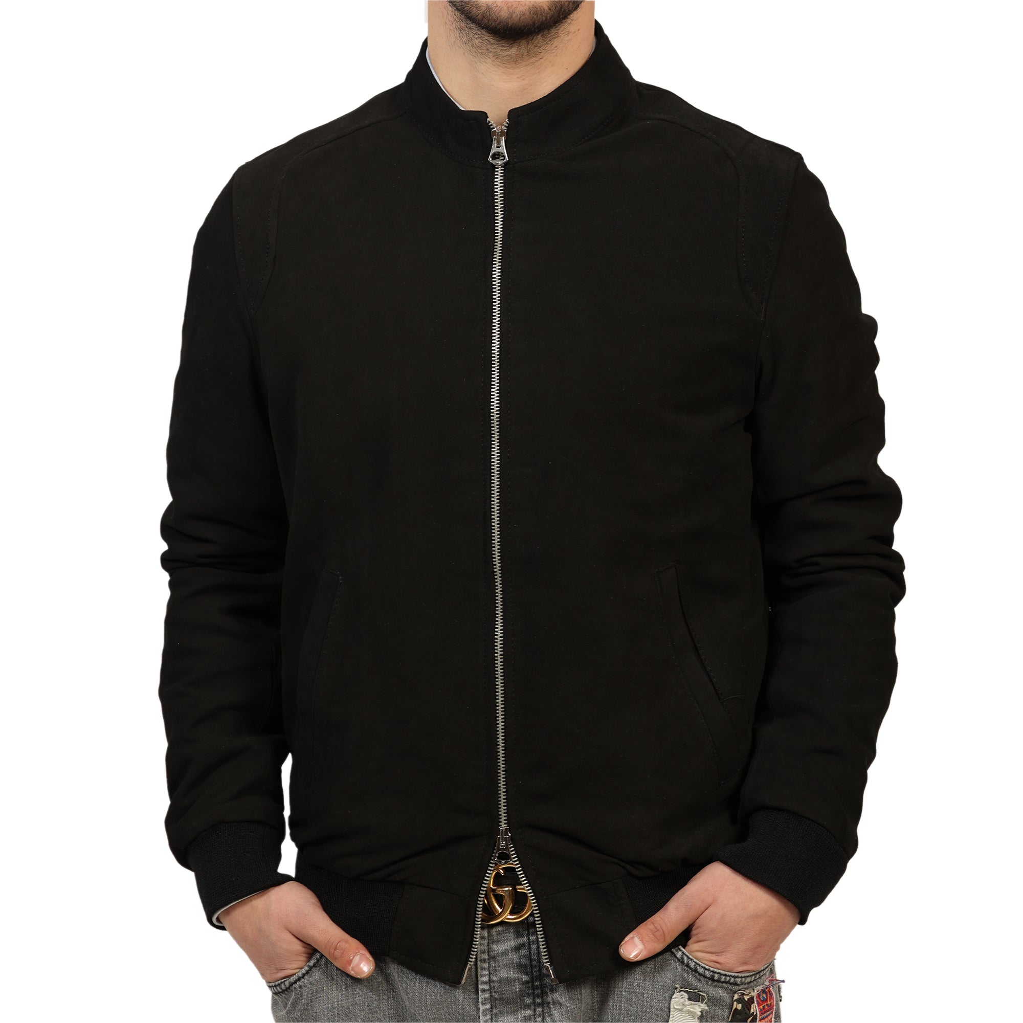 Giubbino in vera pelle di vitello scamosciata Nero-Slim Fit-Art.XM68CAMOSCIO