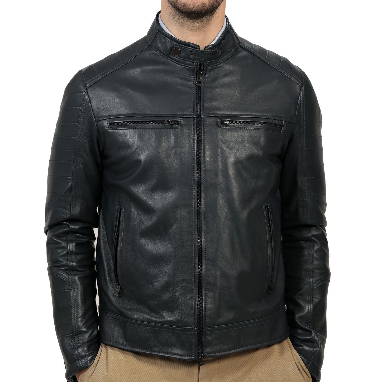 Giubbino in pelle di vitello nappa Nero-Slim Fit-Art.DAVINSONNAPPA