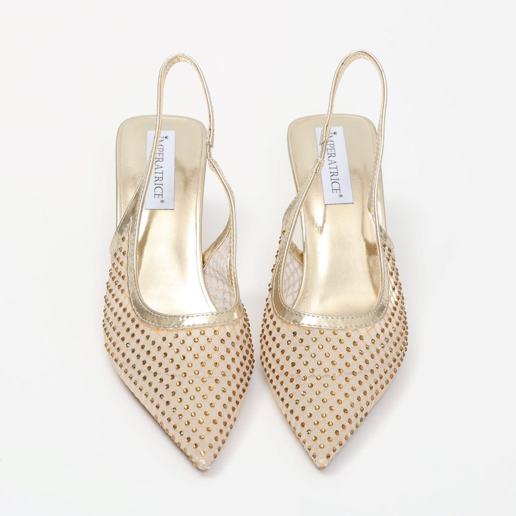 Dècolletè slingback con tacco a rocchetto in tessuto traforato con strass- Art.13GB11