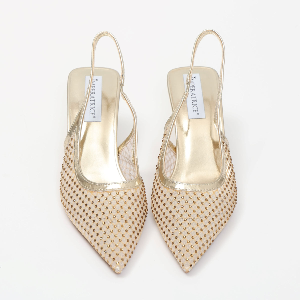 Dècolletè slingback con tacco a rocchetto in tessuto traforato con strass- Art.13GB11