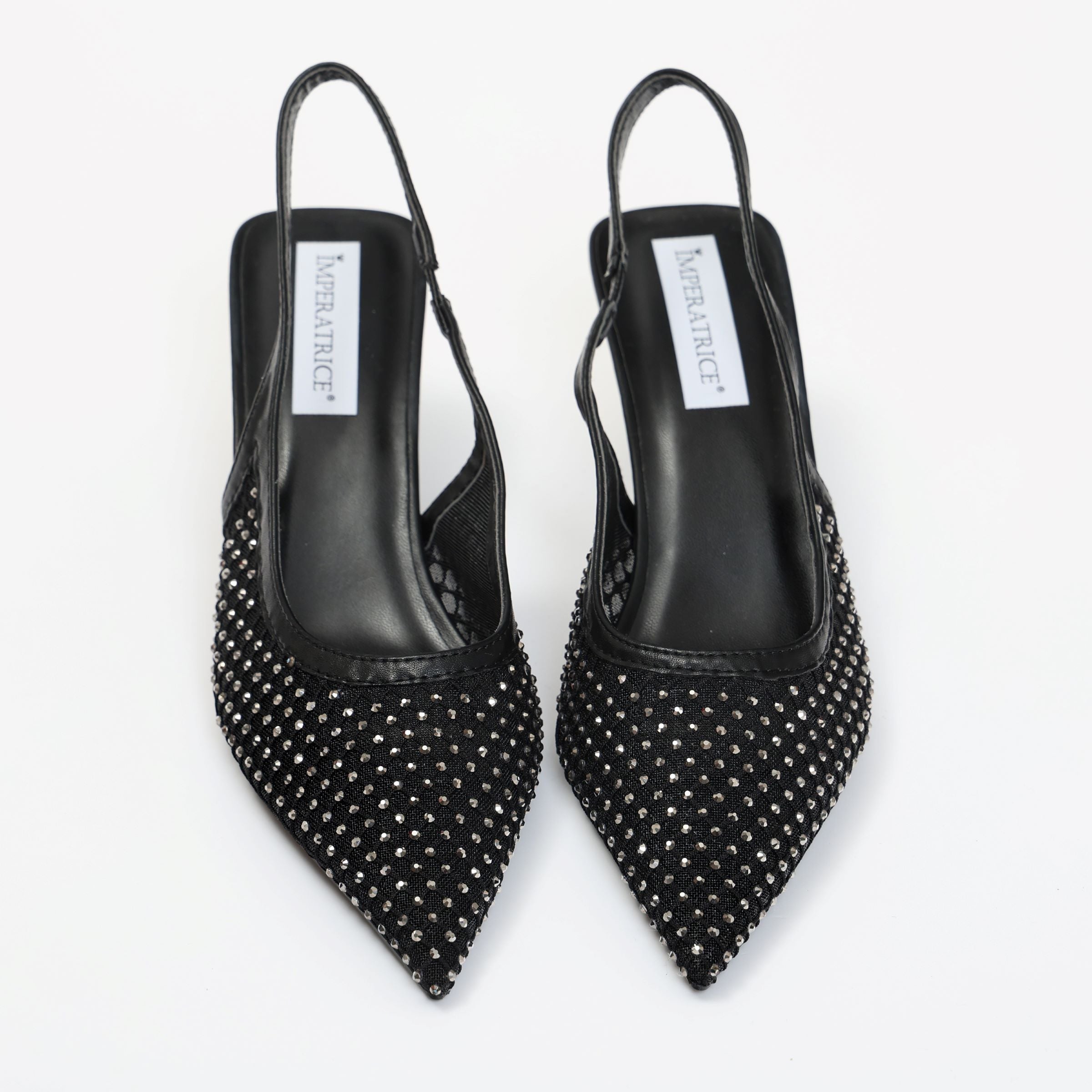Dècolletè slingback con tacco a rocchetto in tessuto traforato con strass- Art.13GB11