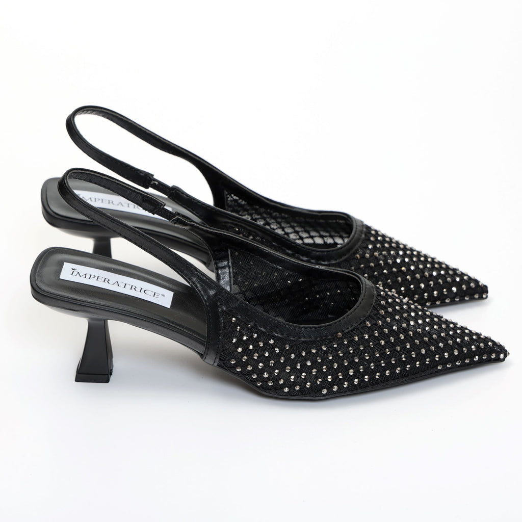 Dècolletè slingback con tacco a rocchetto in tessuto traforato con strass- Art.13GB11