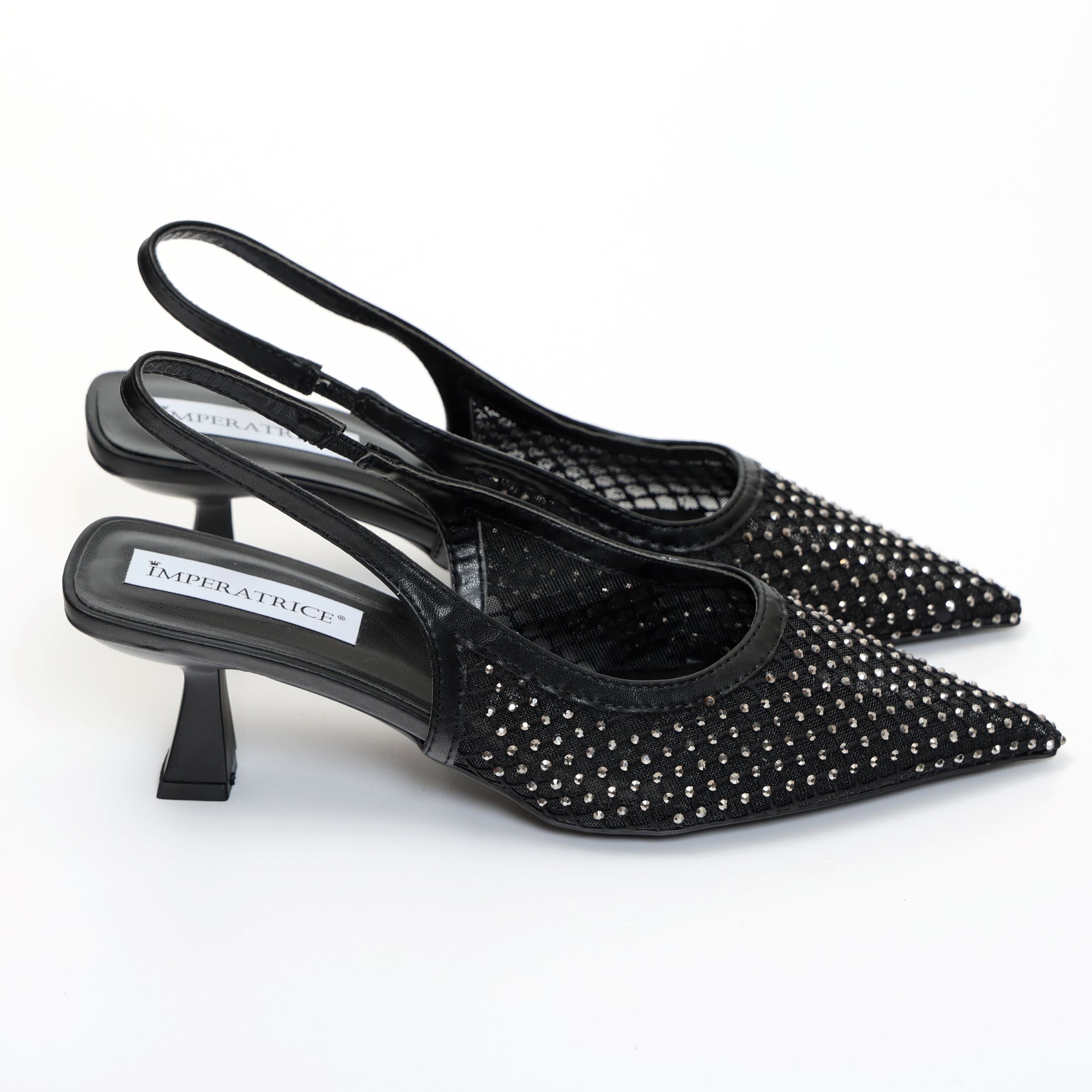 Dècolletè slingback con tacco a rocchetto in tessuto traforato con strass- Art.13GB11