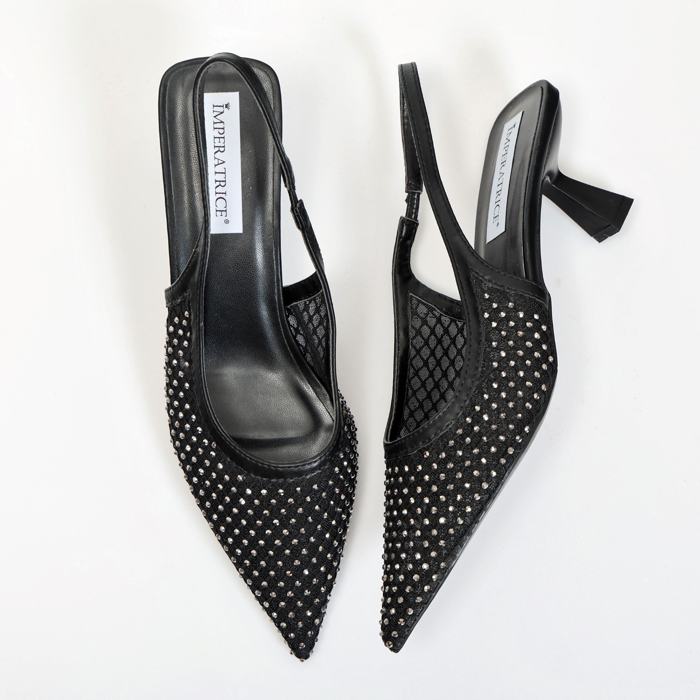 Dècolletè slingback con tacco a rocchetto in tessuto traforato con strass- Art.13GB11