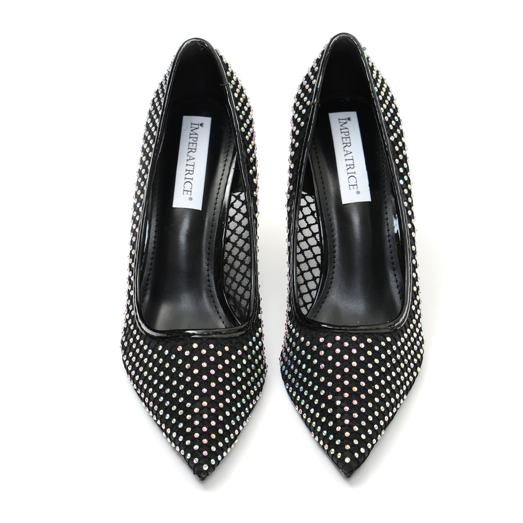 Dècolletè pumps in simil pelle con tomaia bucherellata ricoperta di strass- Art.BO251