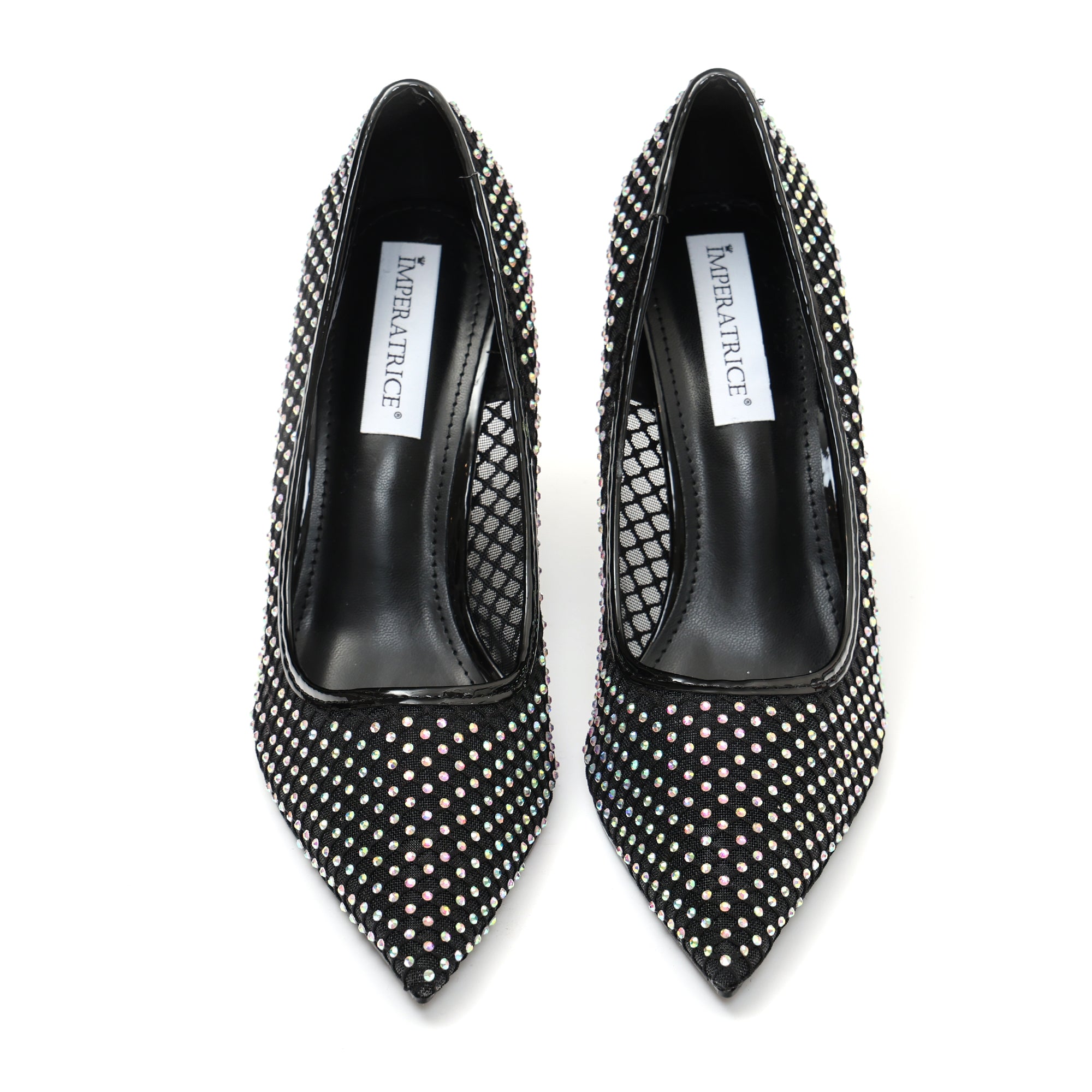 Dècolletè pumps in simil pelle con tomaia bucherellata ricoperta di strass- Art.BO251