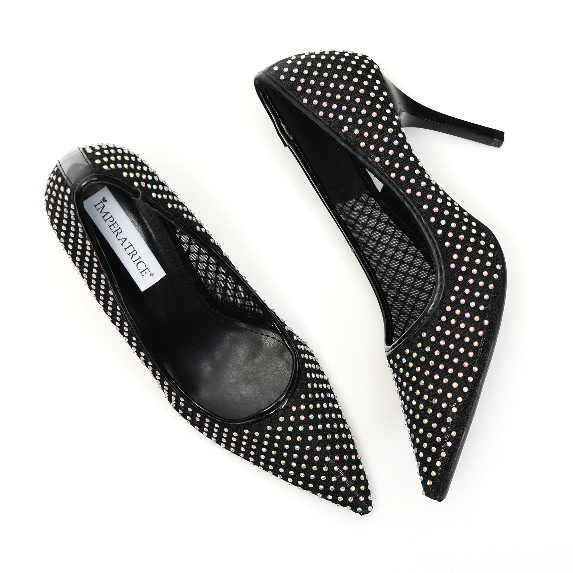 Dècolletè pumps in simil pelle con tomaia bucherellata ricoperta di strass- Art.BO251