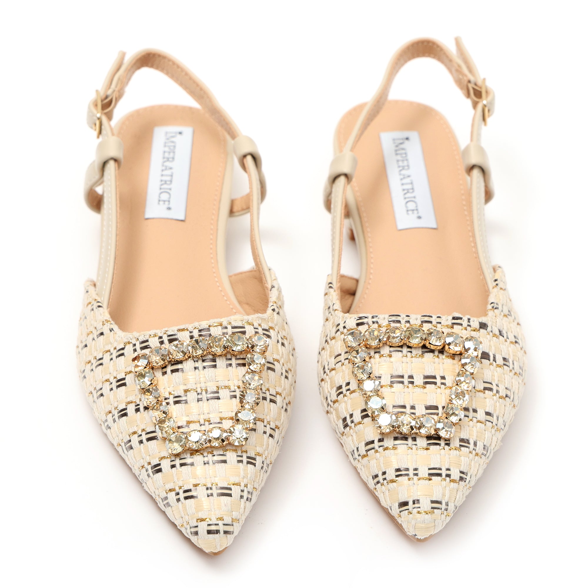 Ballerine slingback in tweed e simil pelle con applicazione gioiello- Art.BK053