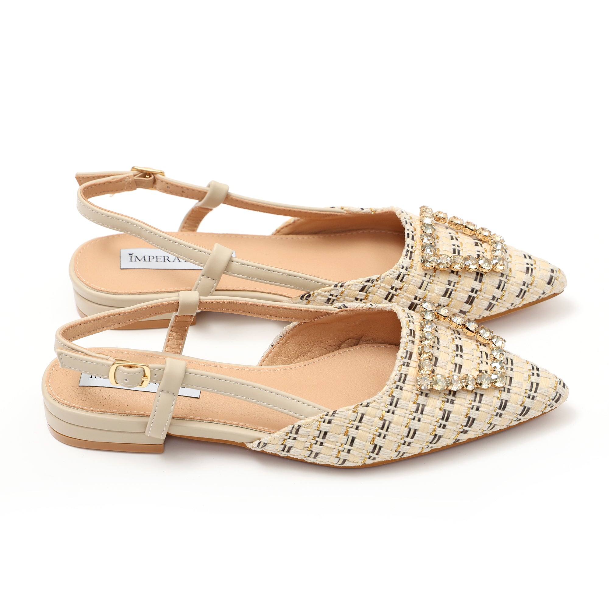 Ballerine slingback in tweed e simil pelle con applicazione gioiello- Art.BK053
