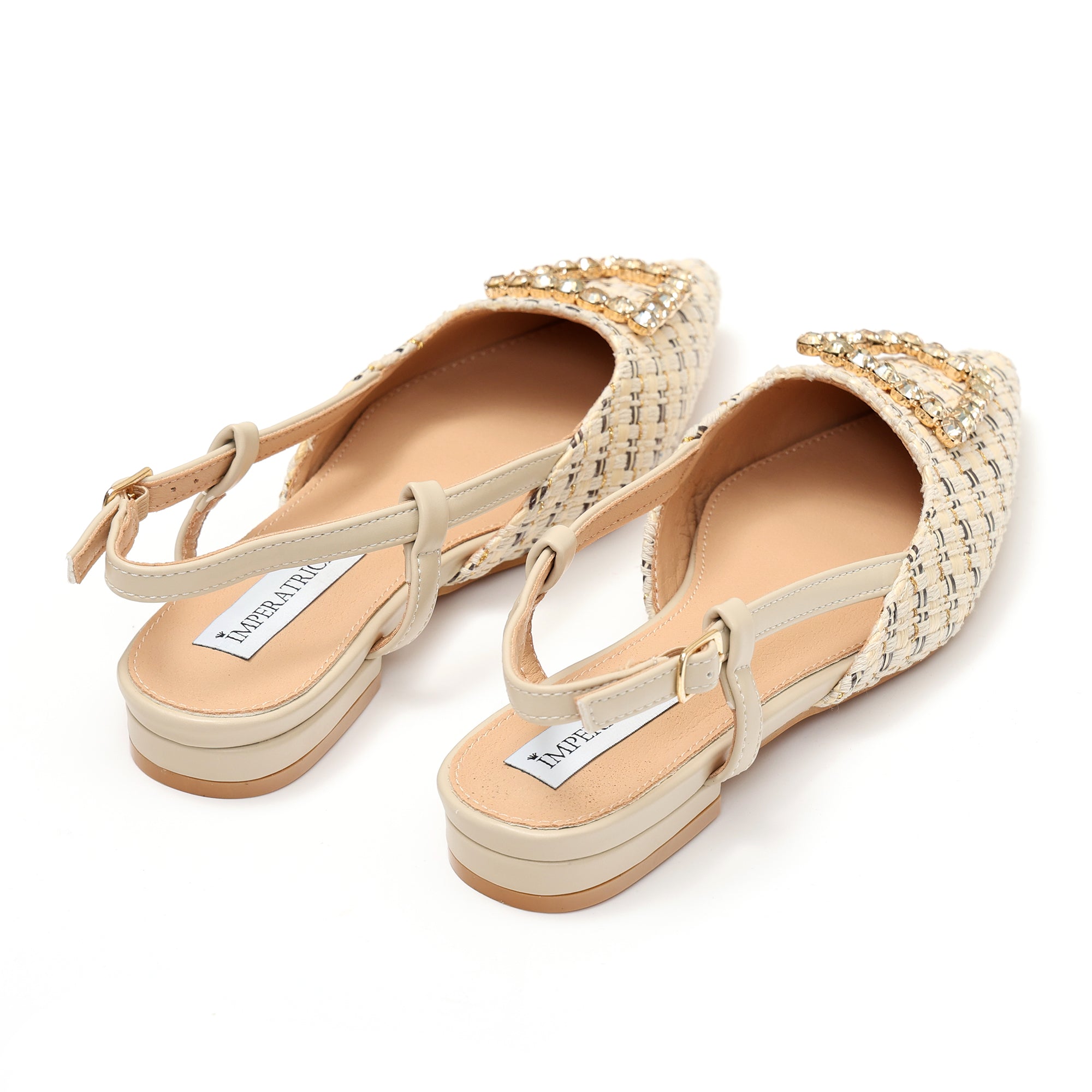 Ballerine slingback in tweed e simil pelle con applicazione gioiello- Art.BK053