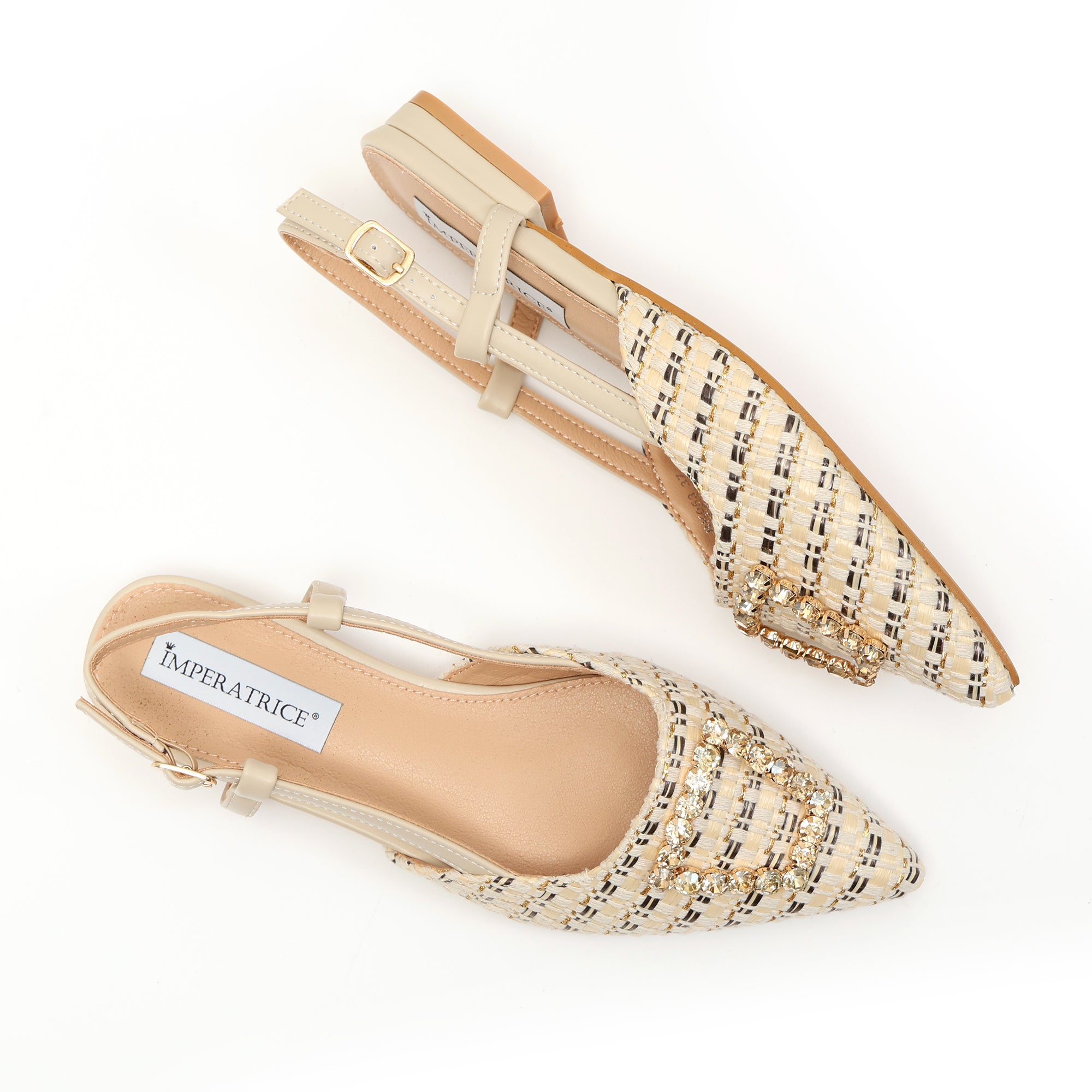 Ballerine slingback in tweed e simil pelle con applicazione gioiello- Art.BK053