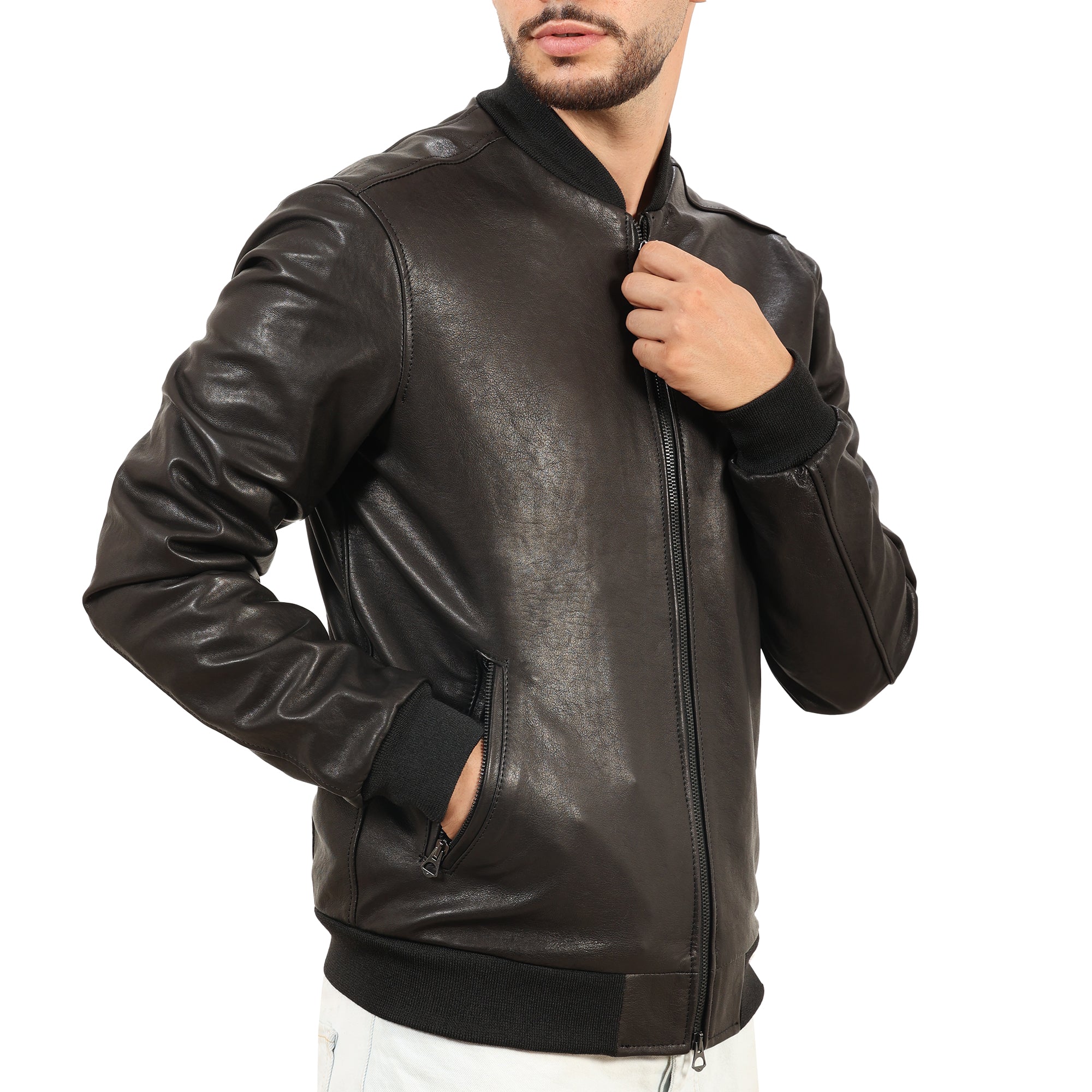 Giubbino in vera pelle di vitello rifinizione vegetale Nero -Slim Fit-Art.XM54VEGETALE