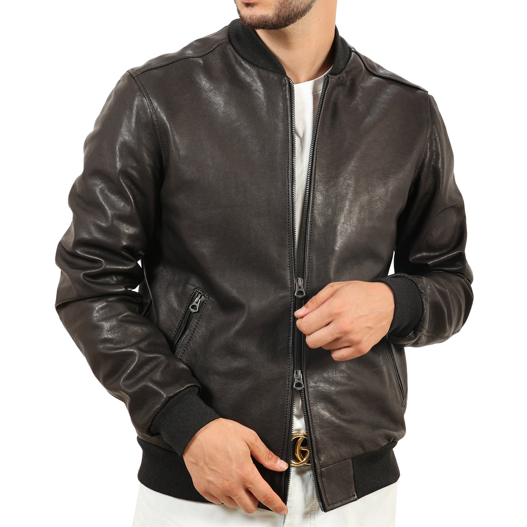 Giubbino in vera pelle di vitello rifinizione vegetale Nero -Slim Fit-Art.XM54VEGETALE
