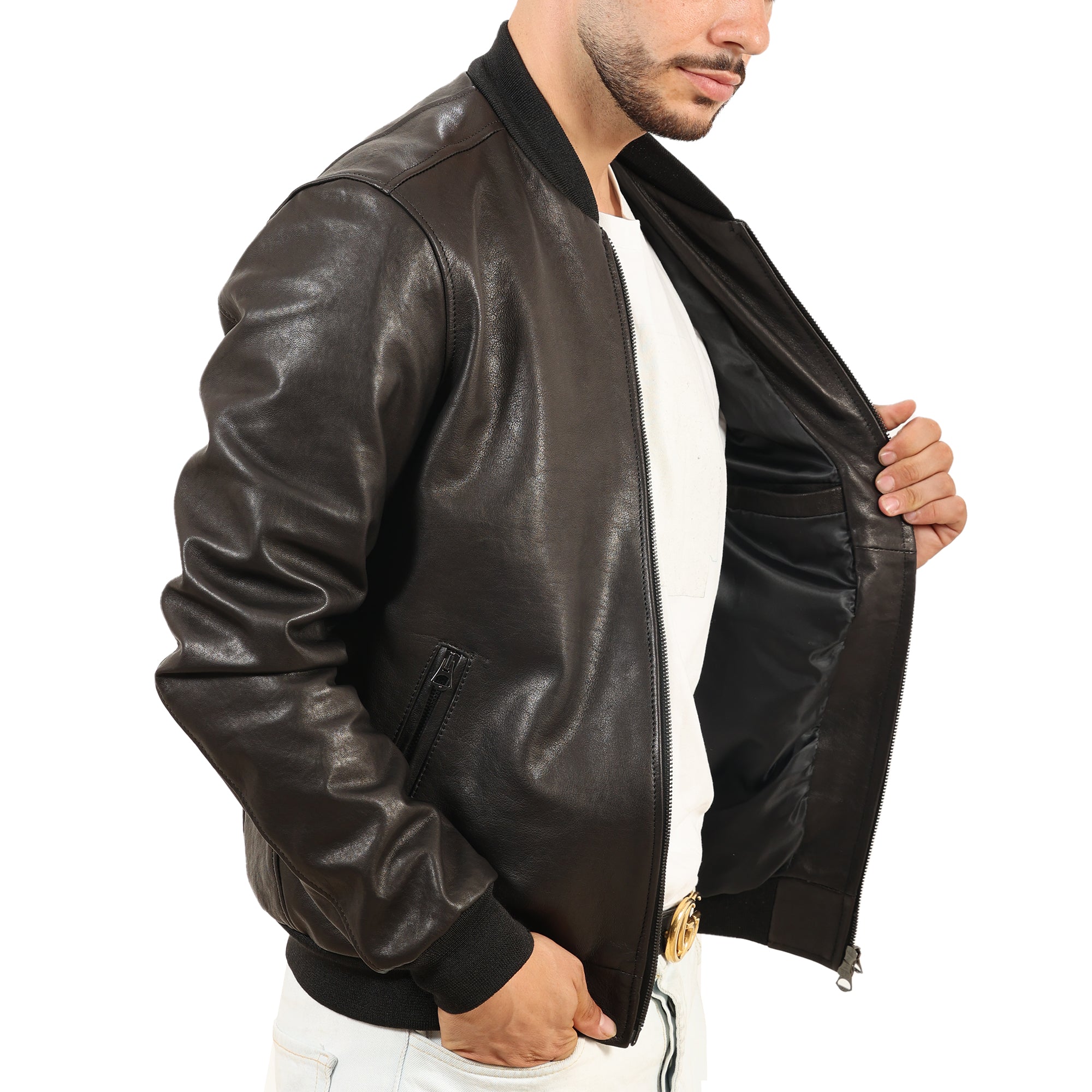 Giubbino in vera pelle di vitello rifinizione vegetale Nero -Slim Fit-Art.XM54VEGETALE