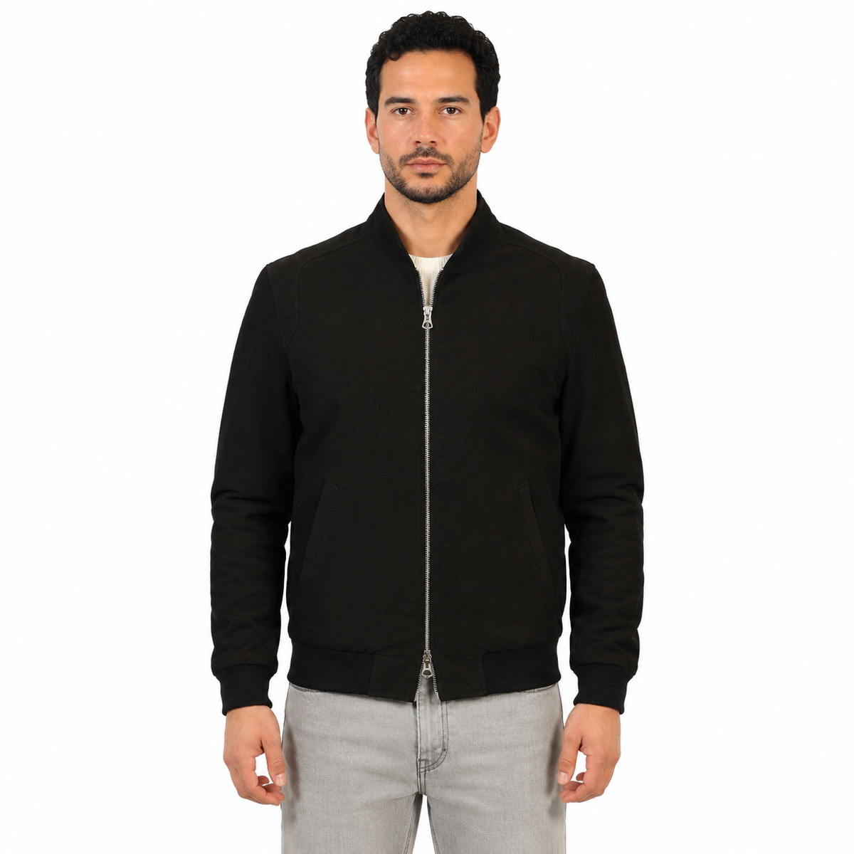 Giubbino in vera pelle di vitello scamosciata Nero-Slim Fit-Art.XM68CAMOSCIO