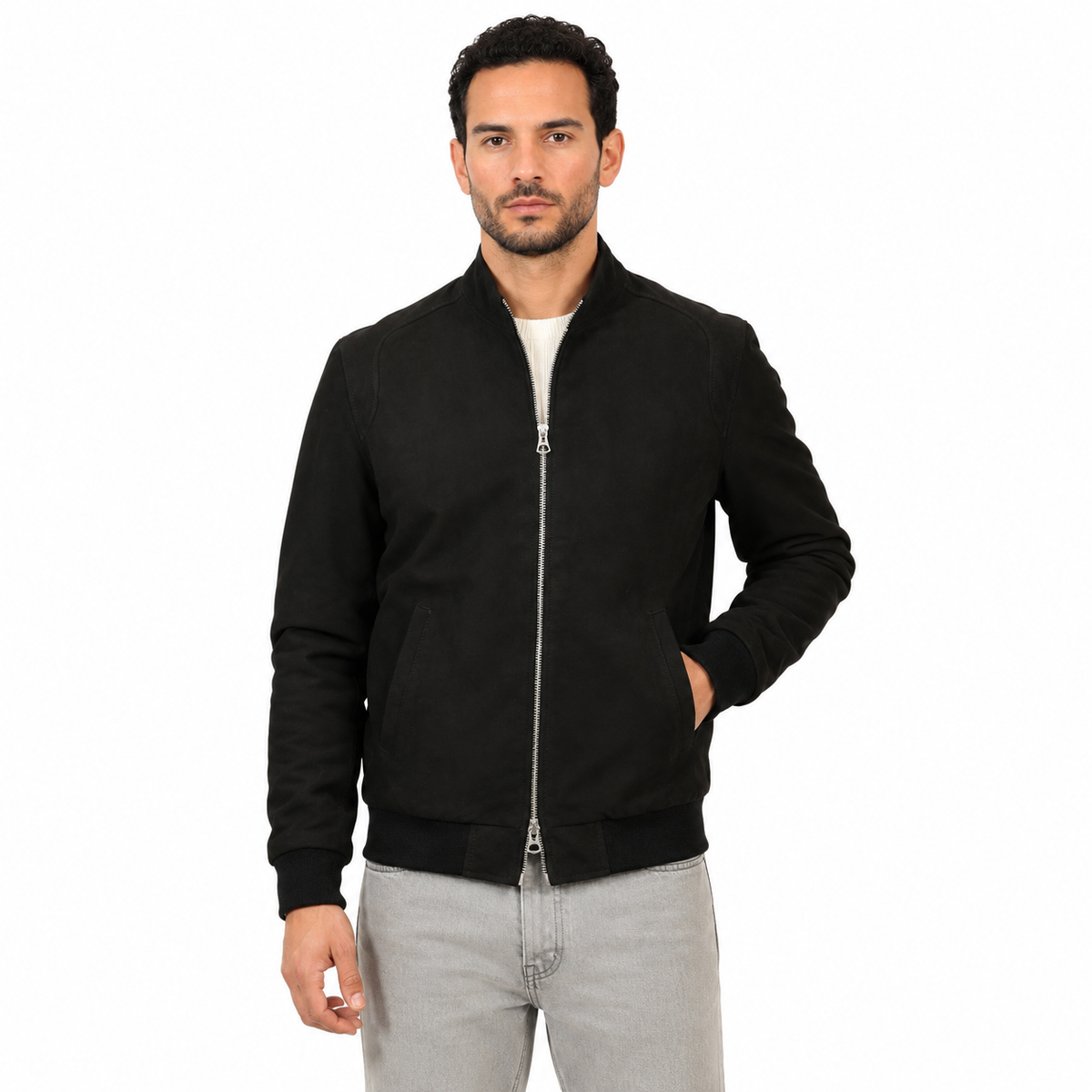 Giubbino in vera pelle di vitello scamosciata Nero-Slim Fit-Art.XM68CAMOSCIO