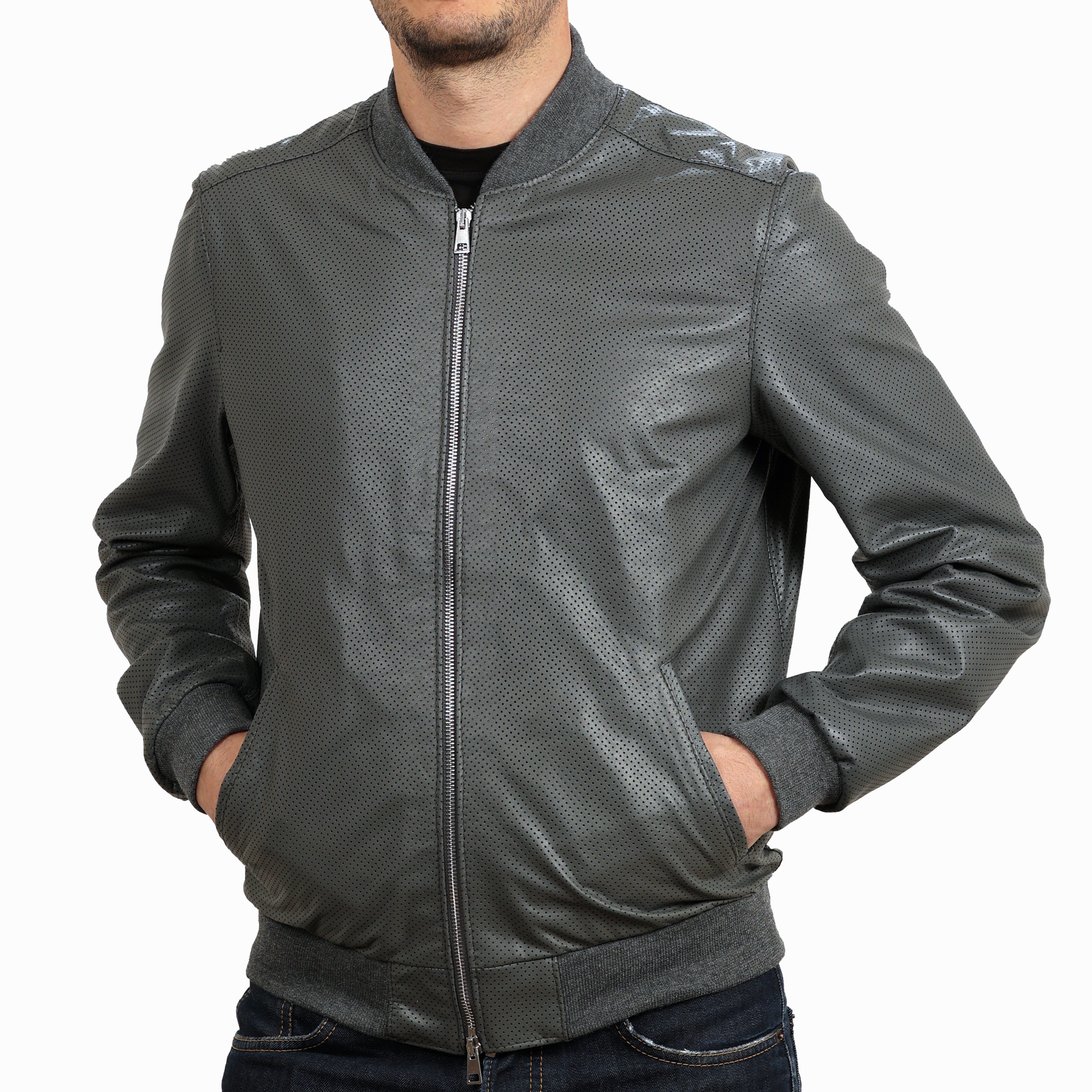 Bomber in pelle di vitello traforato  Blu-Slim Fit-Art.IMP07