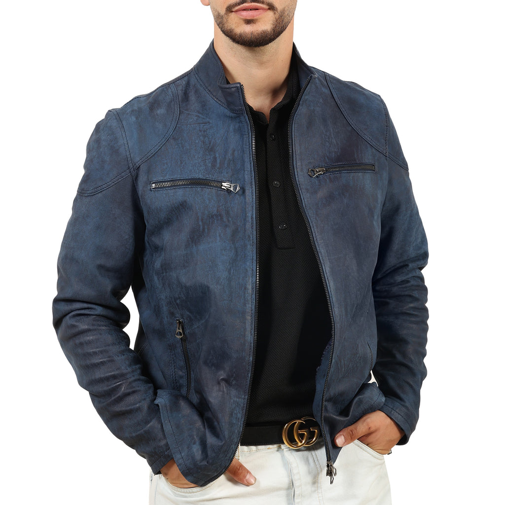 Giubbino in pelle di vitello rifinizione dakota blu jeans-Slim Fit-Art.SAXDAKOTA