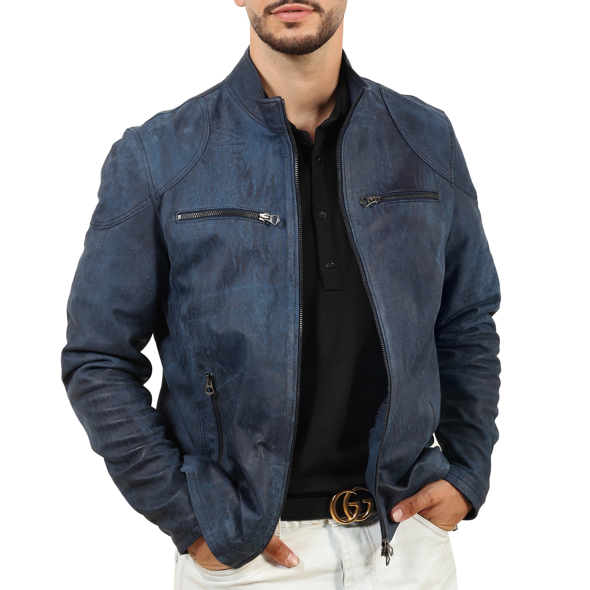 Giubbino in pelle di vitello rifinizione dakota blu jeans-Slim Fit-Art.SAXDAKOTA