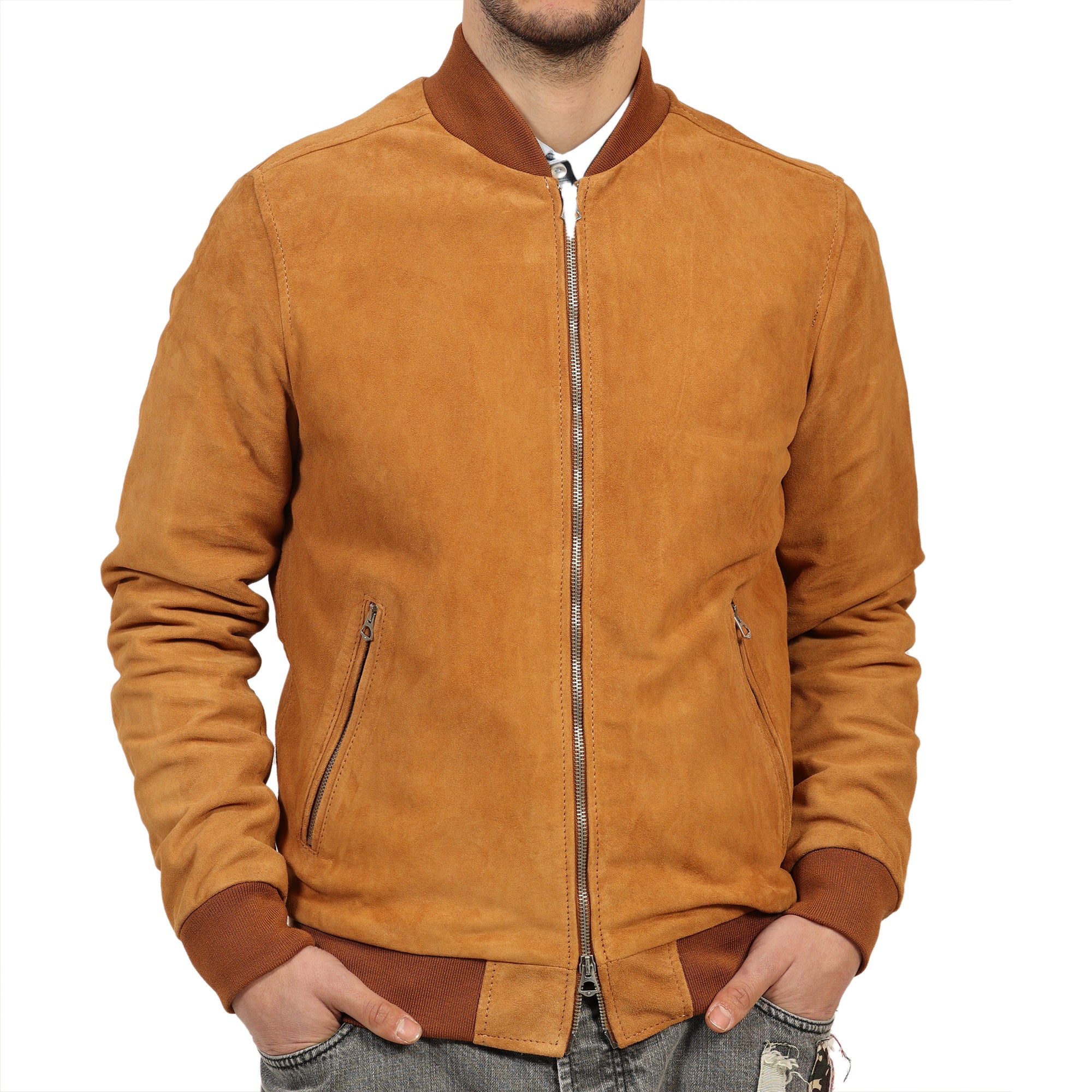 Giubbino in vera pelle di vitello scamosciata Nero-Slim Fit-Art.XM54CAMOSCIO