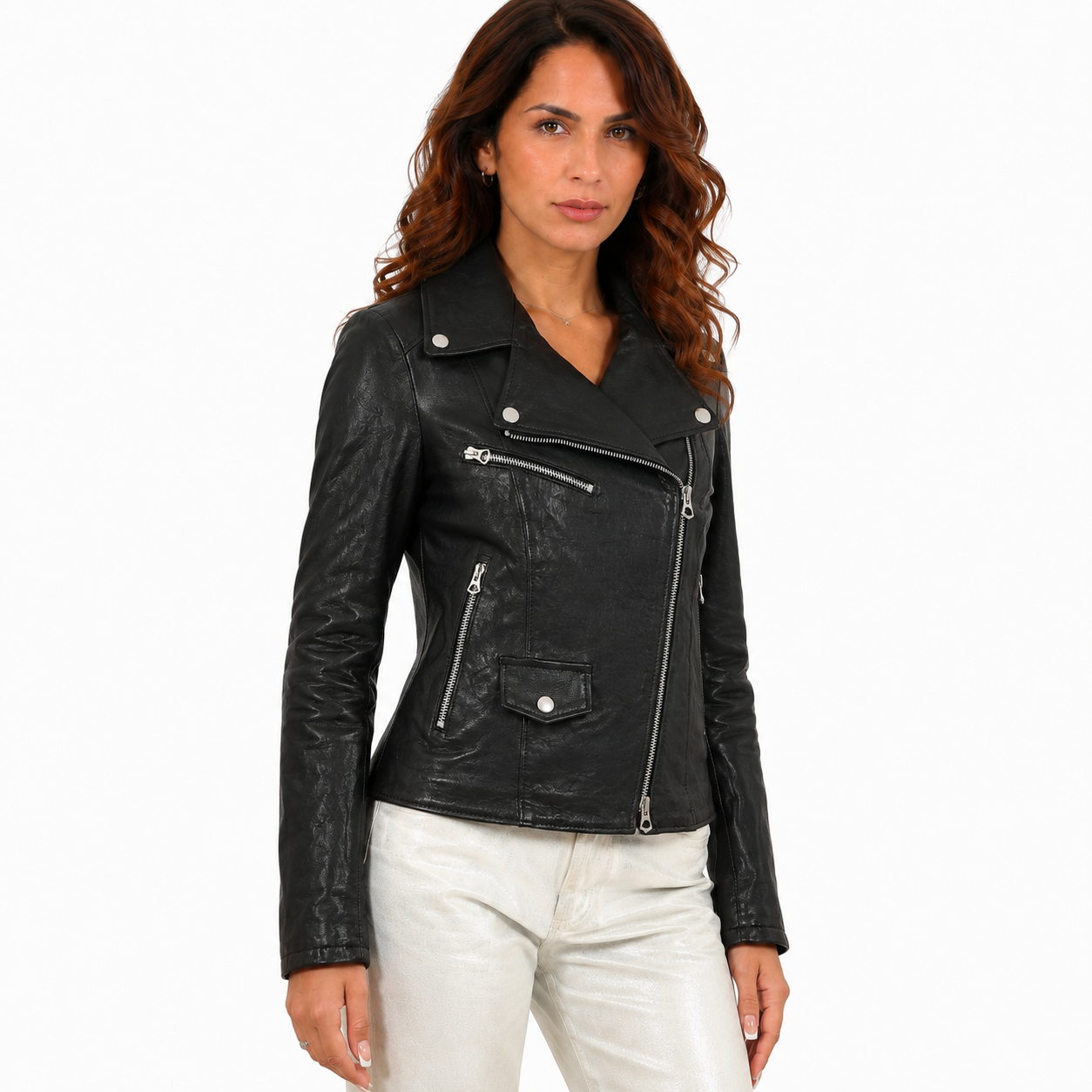 Chiodo donna in pelle di vitello rifinizione vegetale nero -Art.CHIODOVEGETALE