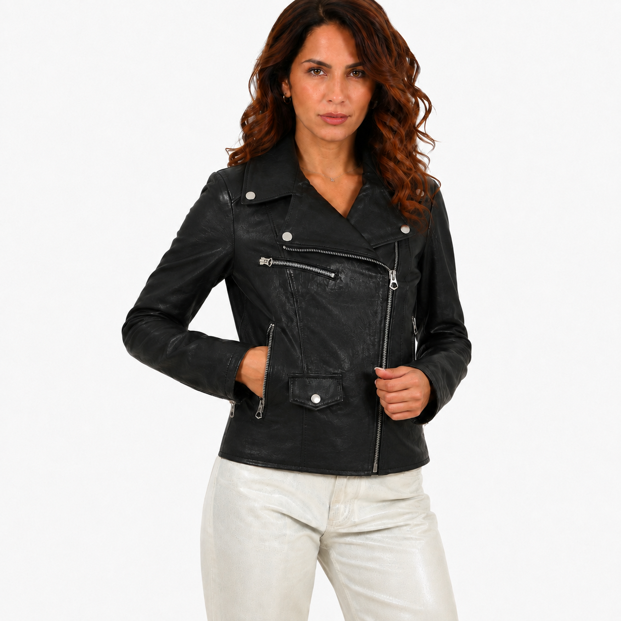 Chiodo donna in pelle di vitello rifinizione vegetale nero -Art.CHIODOVEGETALE