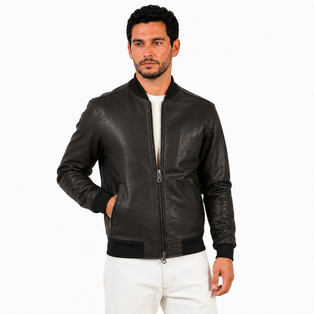 Giubbino in vera pelle di vitello rifinizione vegetale Nero -Slim Fit-Art.XM54VEGETALE