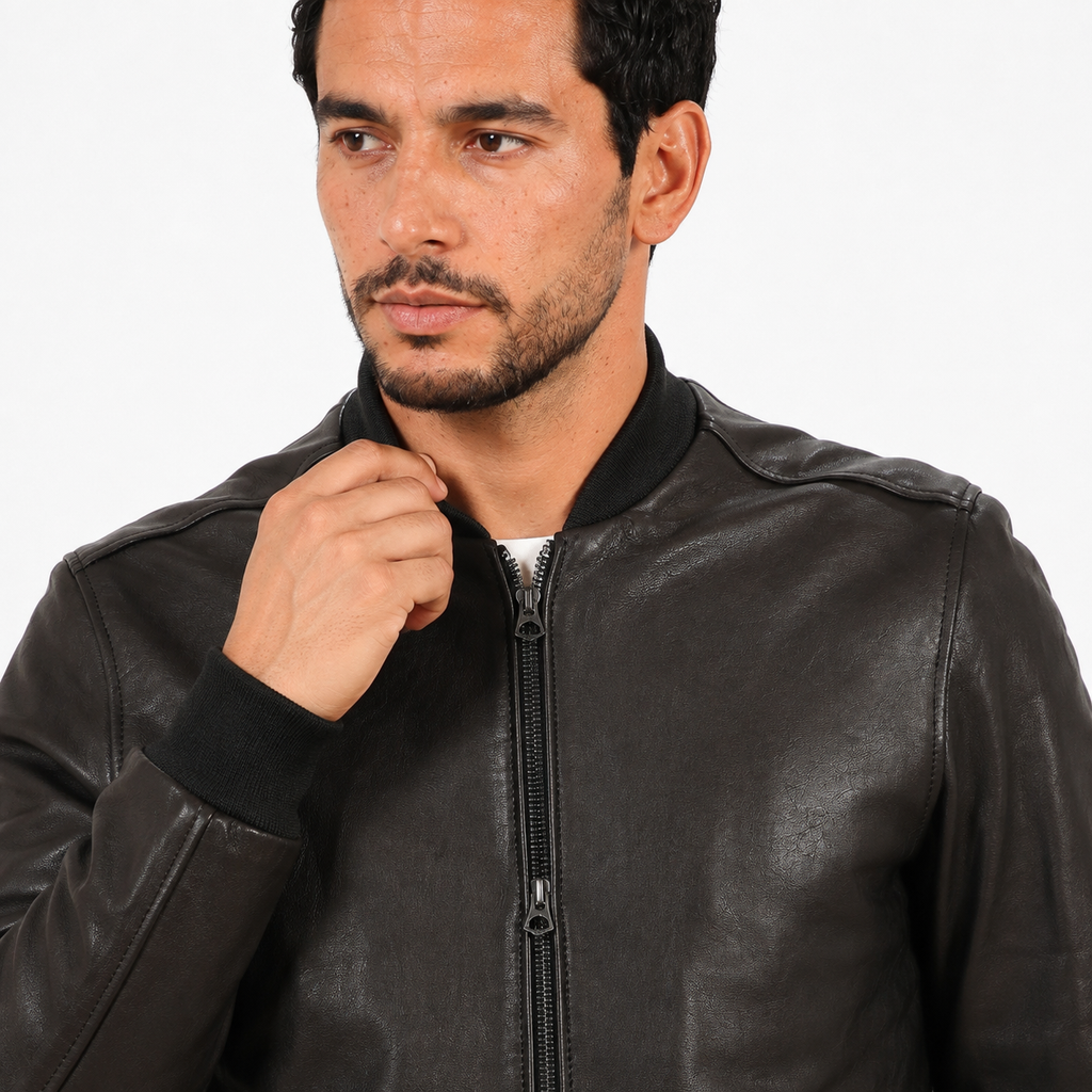Giubbino in vera pelle di vitello rifinizione vegetale Nero -Slim Fit-Art.XM54VEGETALE