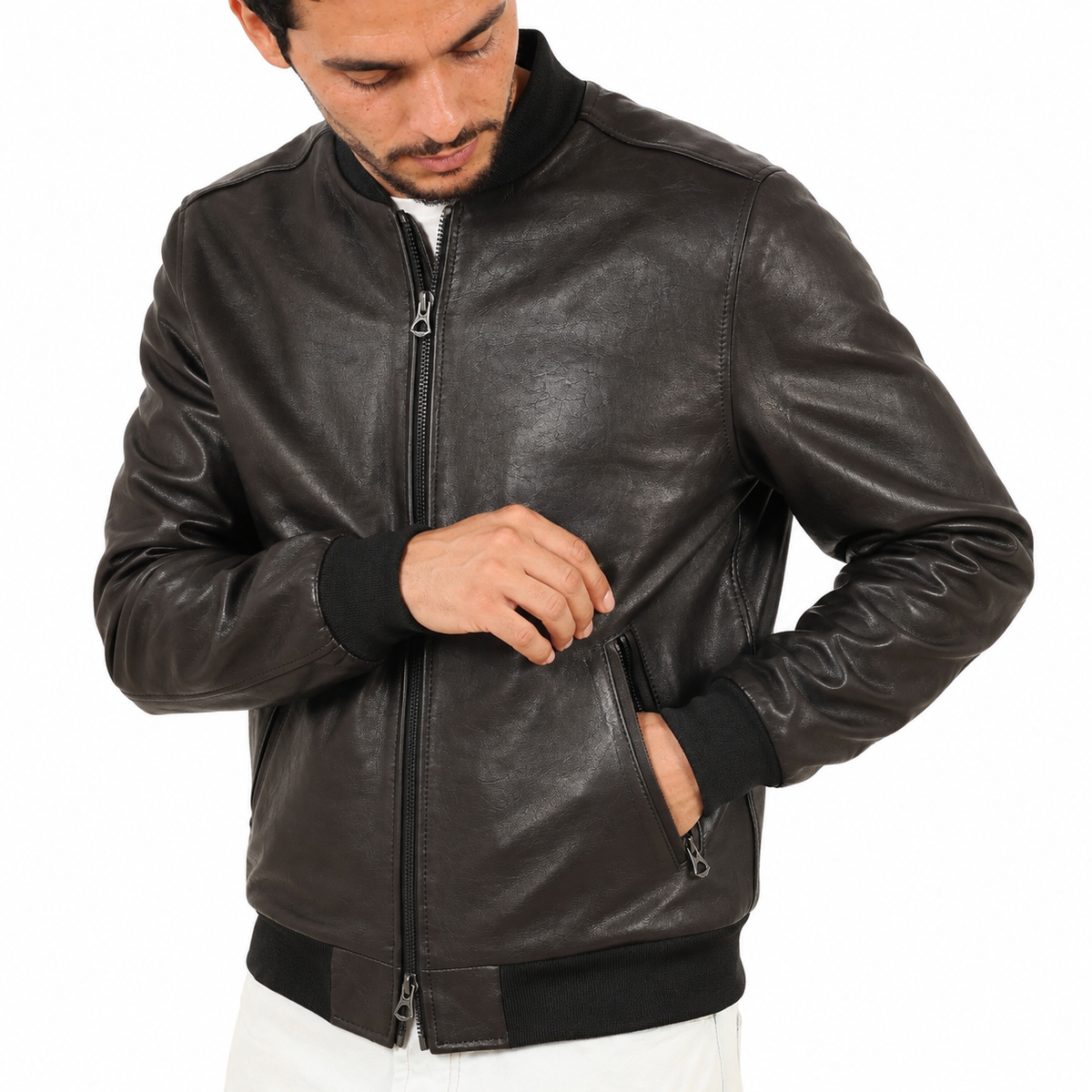 Giubbino in vera pelle di vitello rifinizione vegetale Nero -Slim Fit-Art.XM54VEGETALE