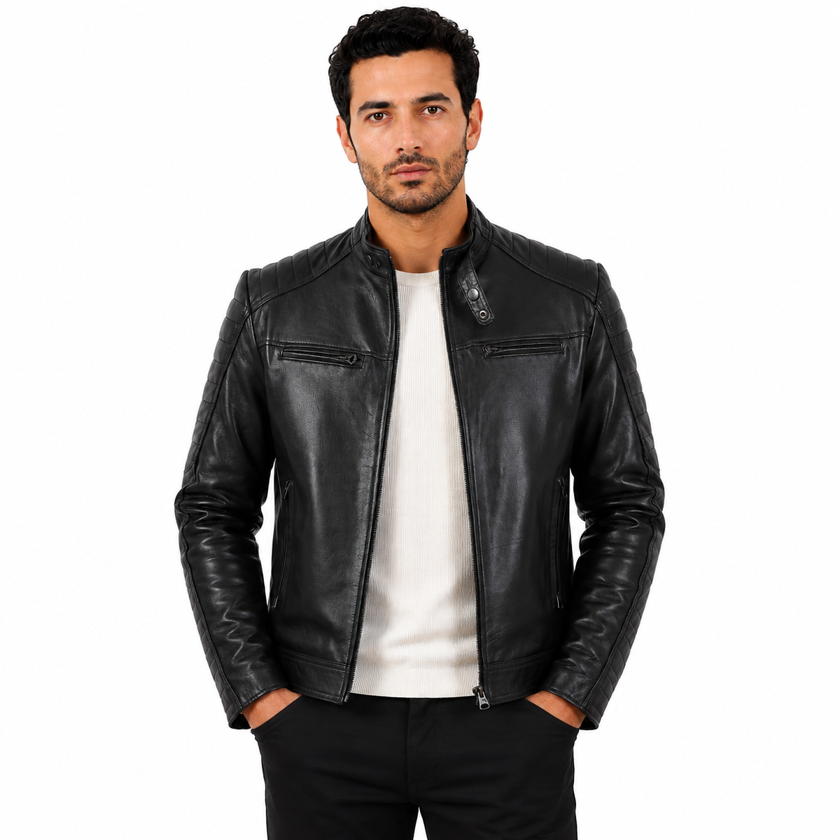 Giubbino in pelle di vitello nappa Nero-Slim Fit-Art.DAVINSONNAPPA
