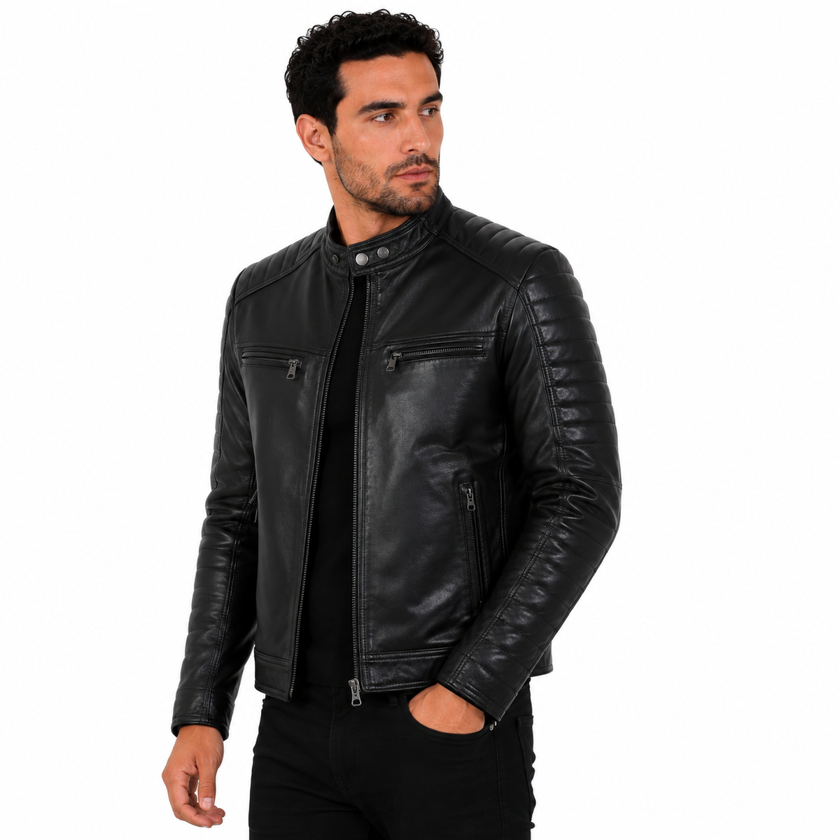 Giubbino in pelle di vitello nappa Nero-Slim Fit-Art.DAVINSONNAPPA