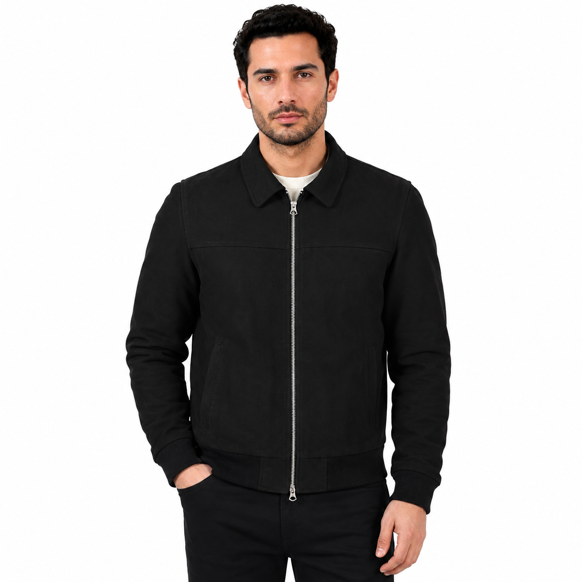 Giubbino in vera pelle di vitello scamosciata Nero-Slim Fit-Art.IMP23CAMOSCIO