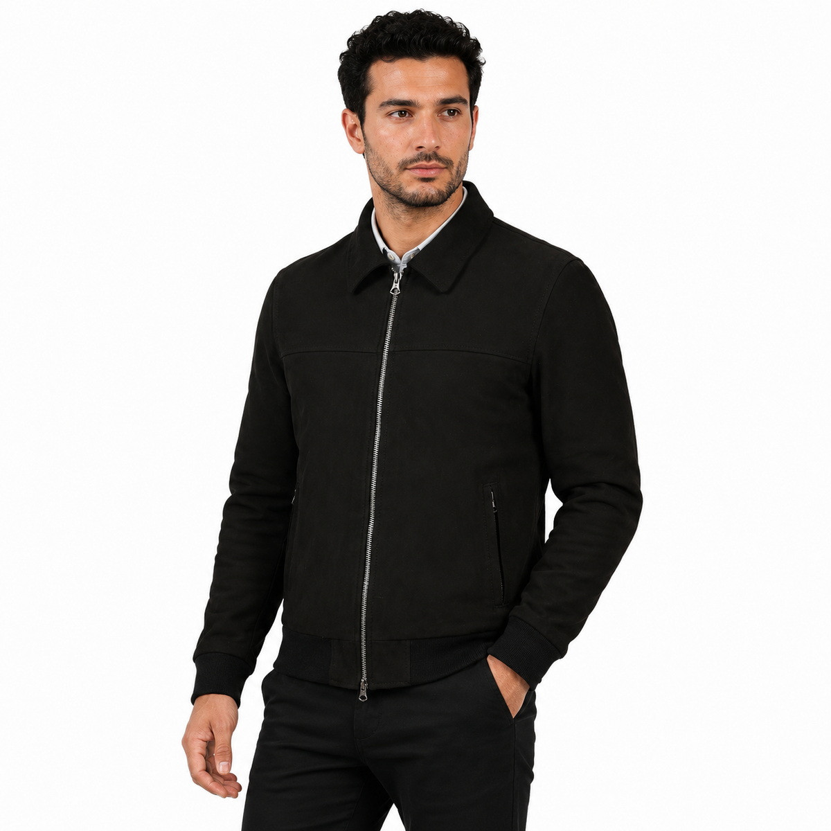Giubbino in vera pelle di vitello scamosciata Nero-Slim Fit-Art.IMP23CAMOSCIO