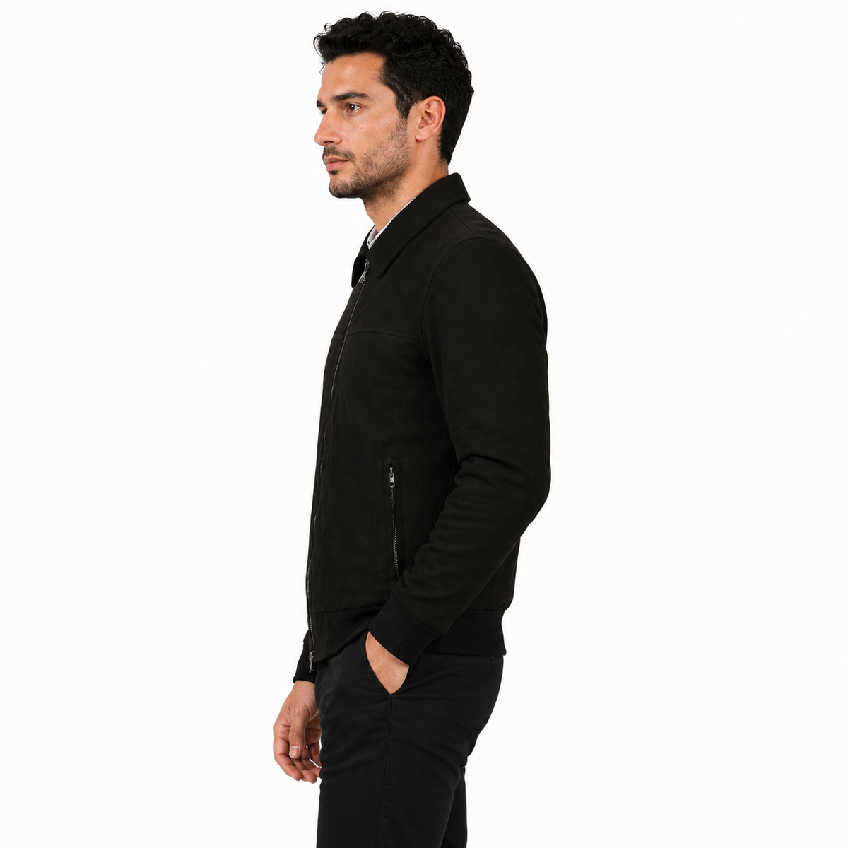 Giubbino in vera pelle di vitello scamosciata Nero-Slim Fit-Art.IMP23CAMOSCIO