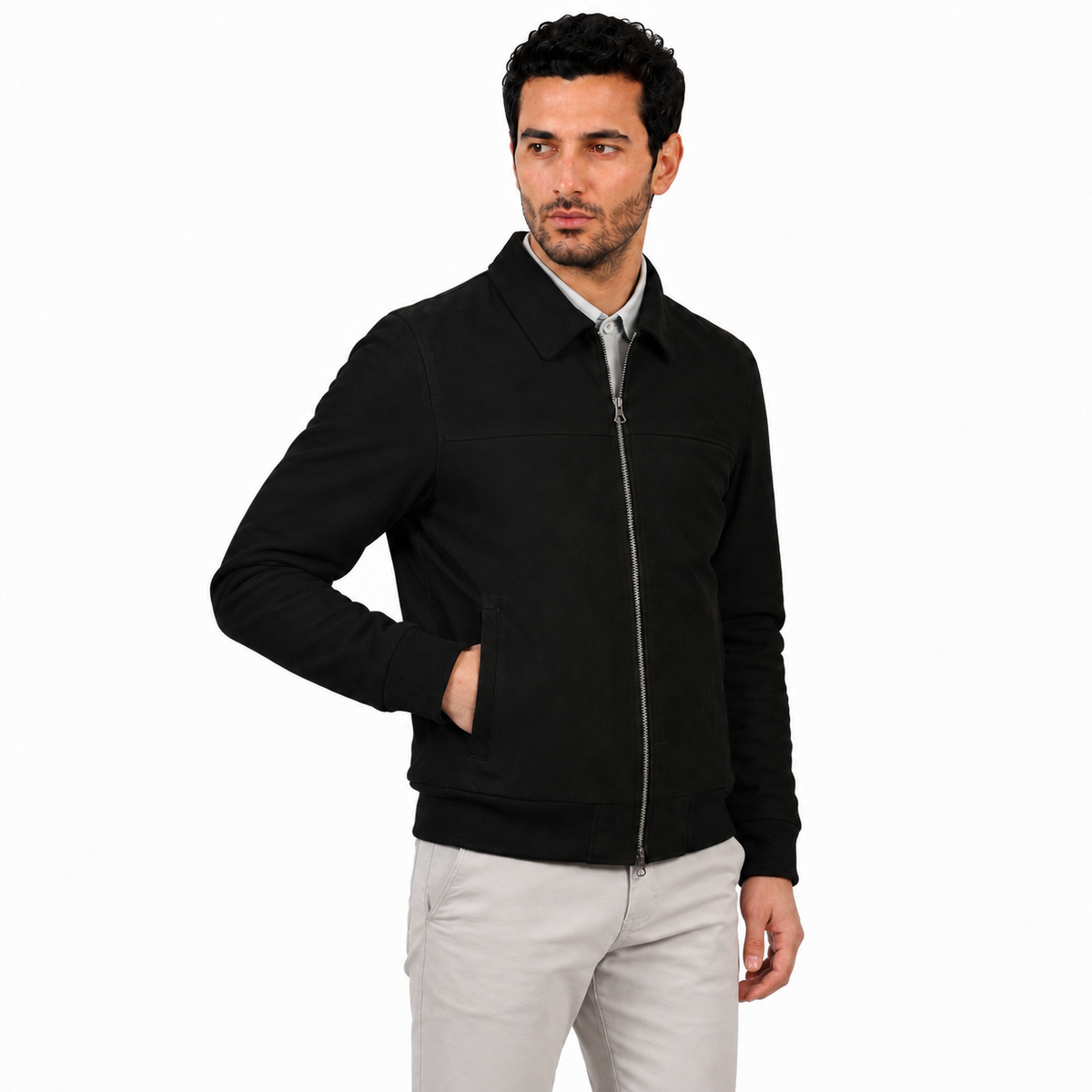 Giubbino in vera pelle di vitello scamosciata Nero-Slim Fit-Art.IMP23CAMOSCIO