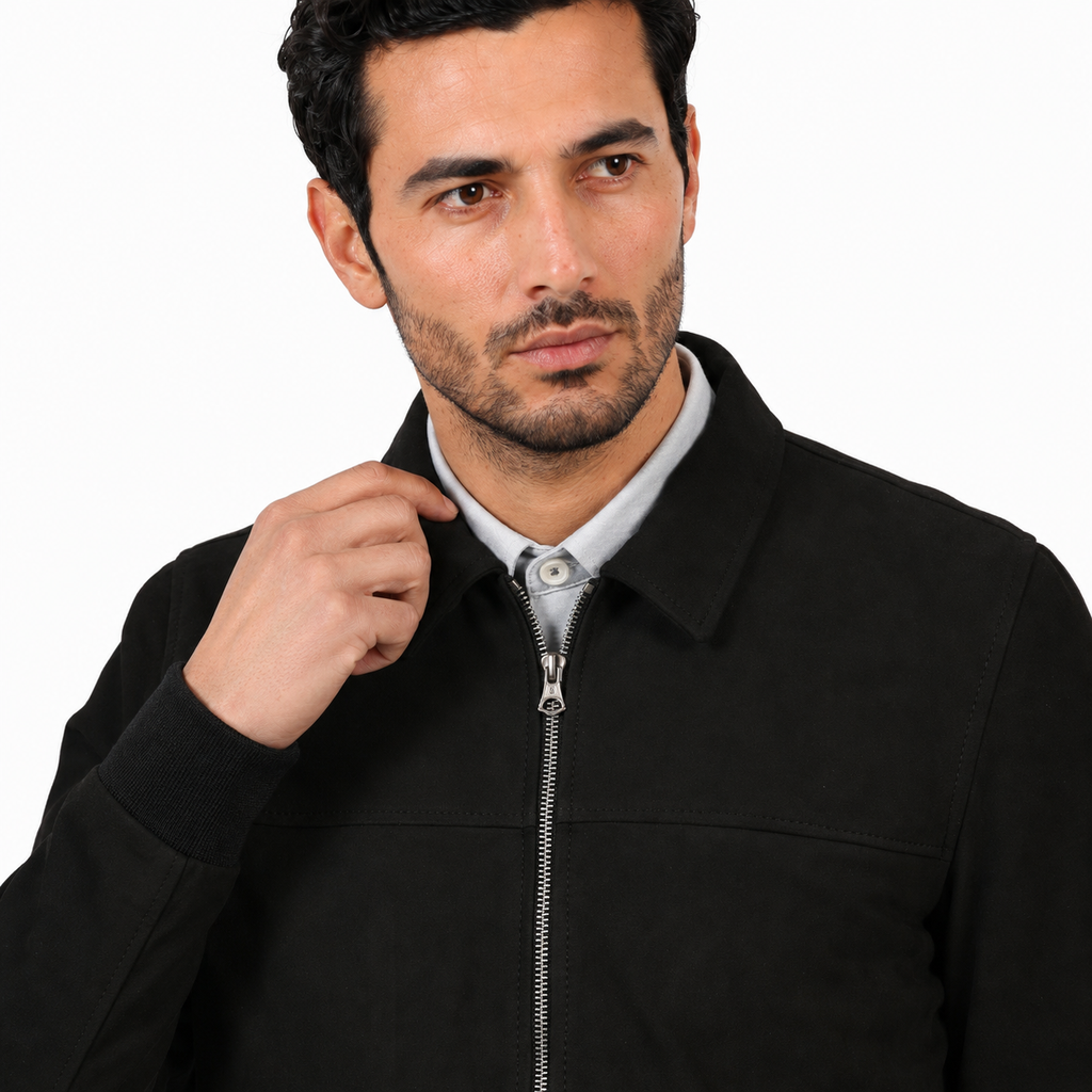 Giubbino in vera pelle di vitello scamosciata Nero-Slim Fit-Art.IMP23CAMOSCIO