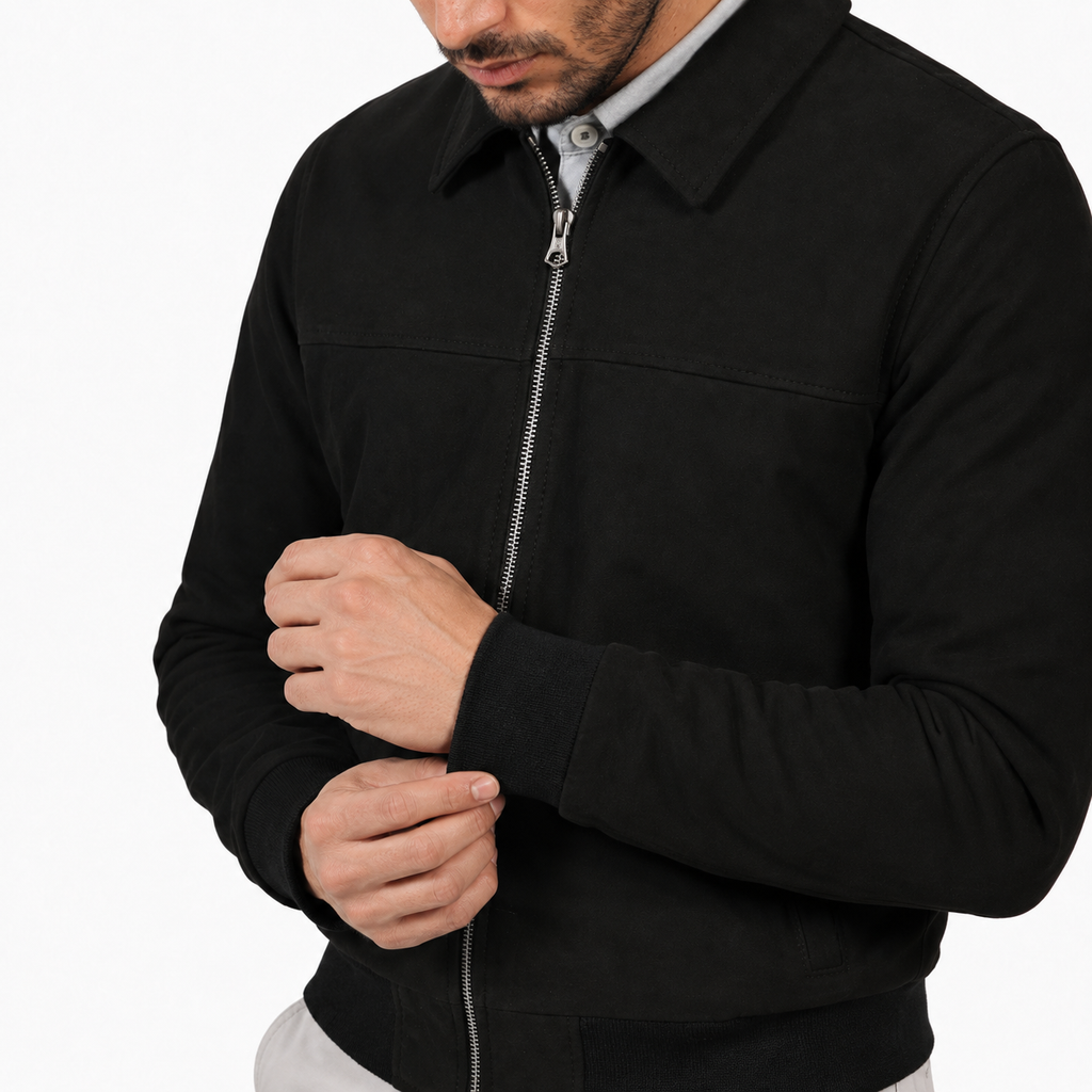 Giubbino in vera pelle di vitello scamosciata Nero-Slim Fit-Art.IMP23CAMOSCIO