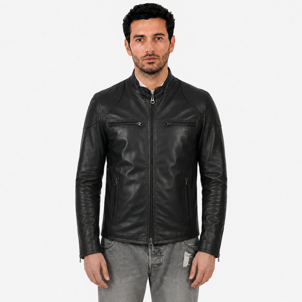 Giubbino in pelle di vitello nappa Nero-Slim Fit-Art.SAXNAPPA