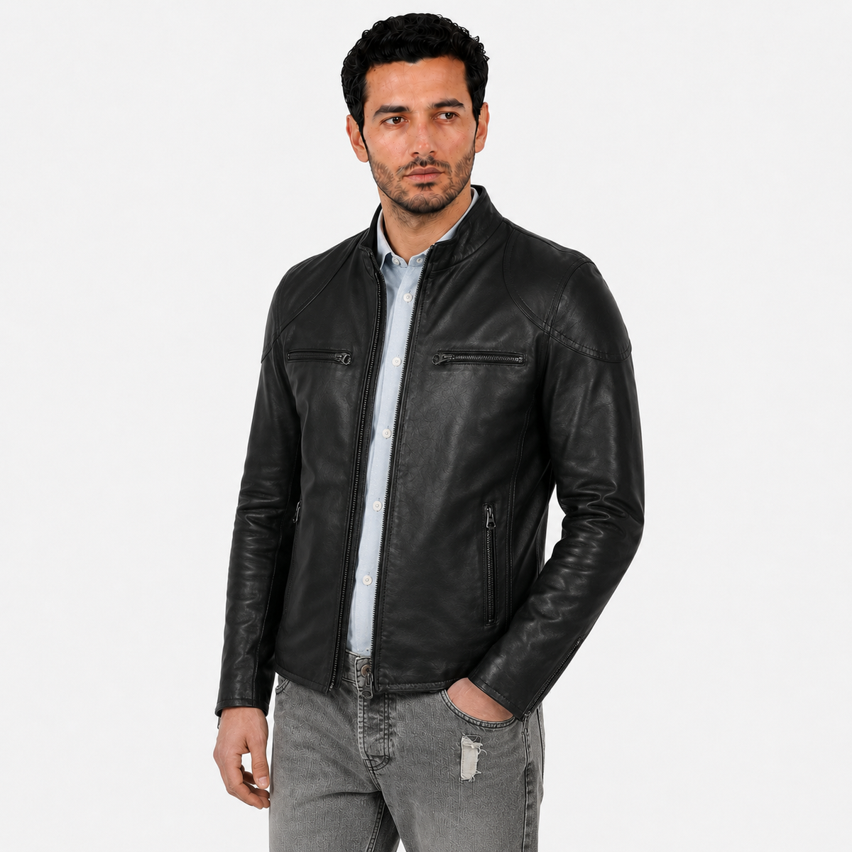 Giubbino in pelle di vitello nappa Nero-Slim Fit-Art.SAXNAPPA