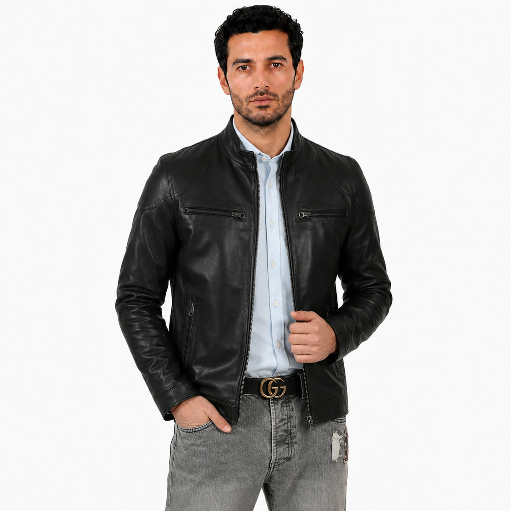 Giubbino in pelle di vitello nappa Nero-Slim Fit-Art.SAXNAPPA