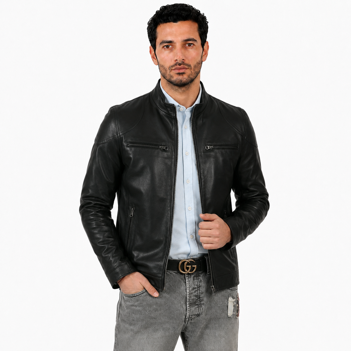 Giubbino in pelle di vitello nappa Nero-Slim Fit-Art.SAXNAPPA
