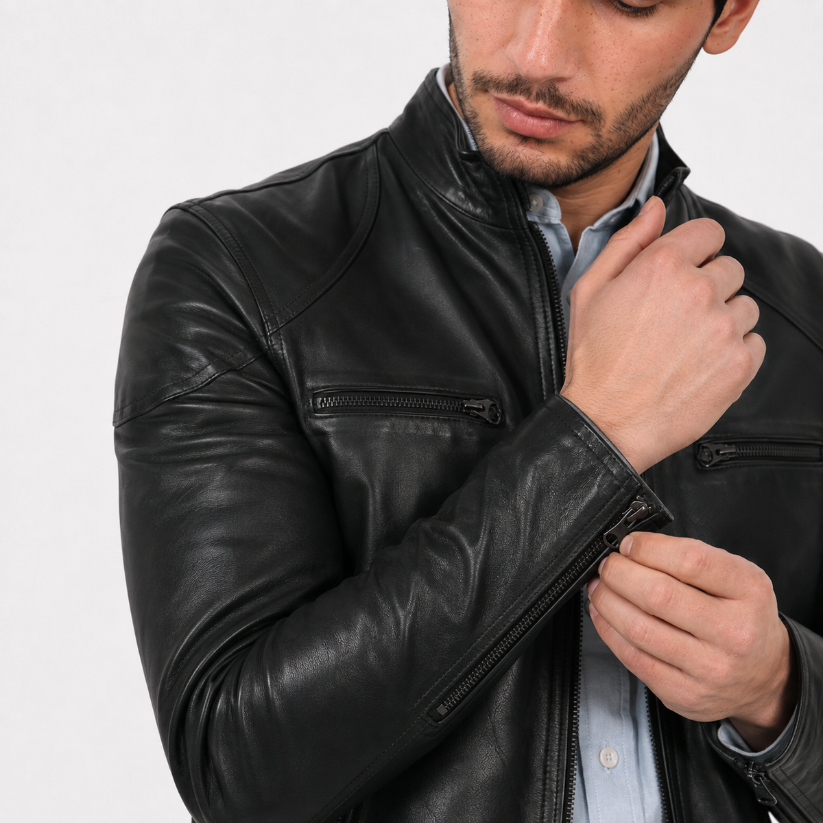 Giubbino in pelle di vitello nappa Nero-Slim Fit-Art.SAXNAPPA