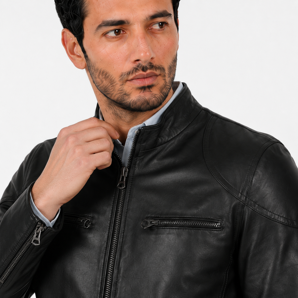Giubbino in pelle di vitello nappa Nero-Slim Fit-Art.SAXNAPPA