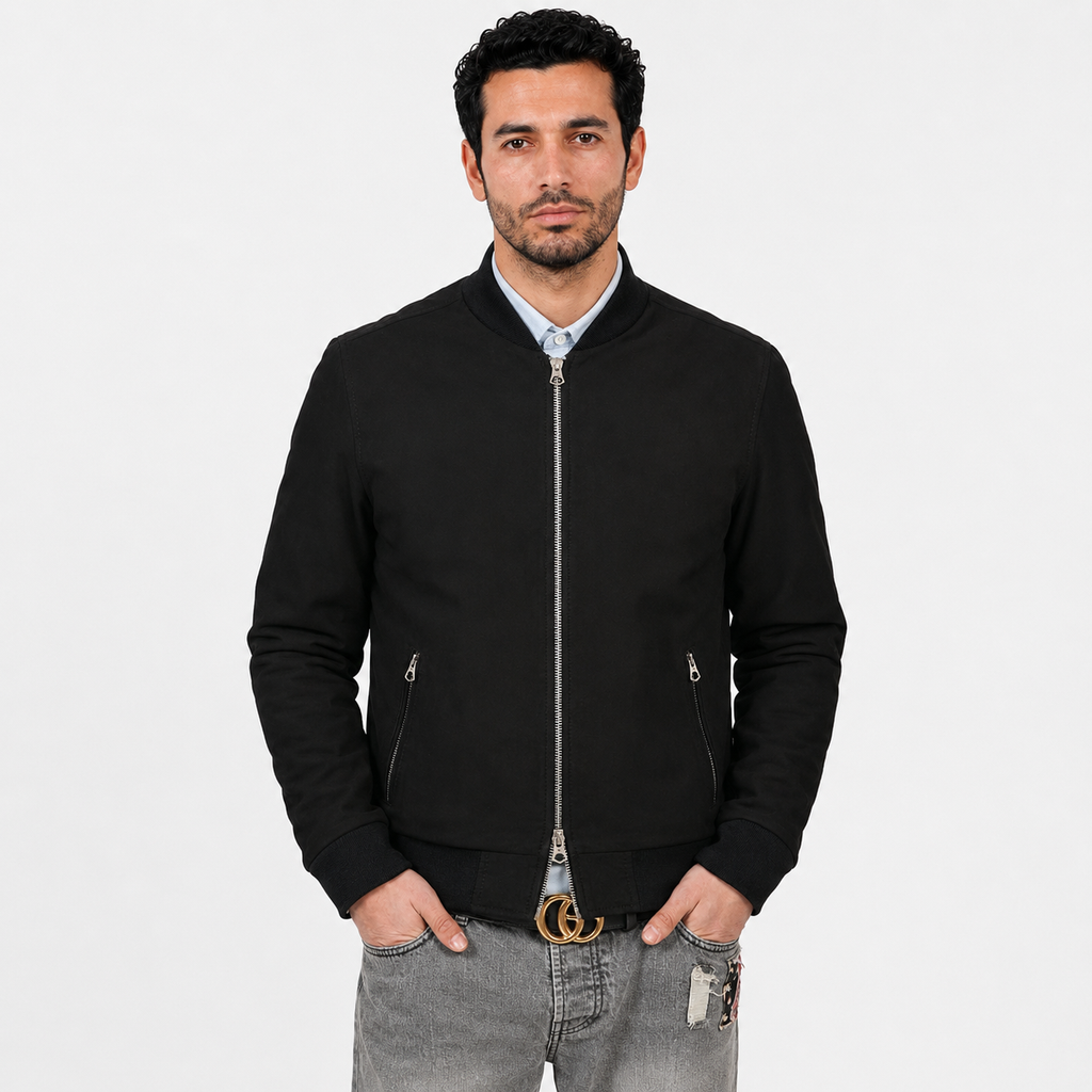 Giubbino in vera pelle di vitello scamosciata Nero-Slim Fit-Art.XM54CAMOSCIO