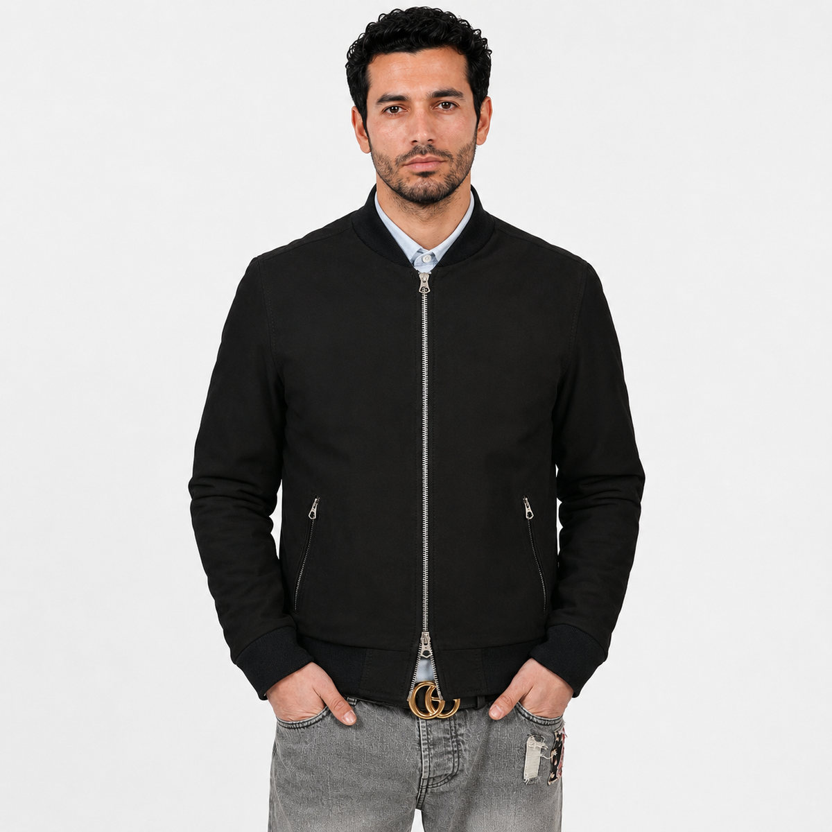 Giubbino in vera pelle di vitello scamosciata Nero-Slim Fit-Art.XM54CAMOSCIO