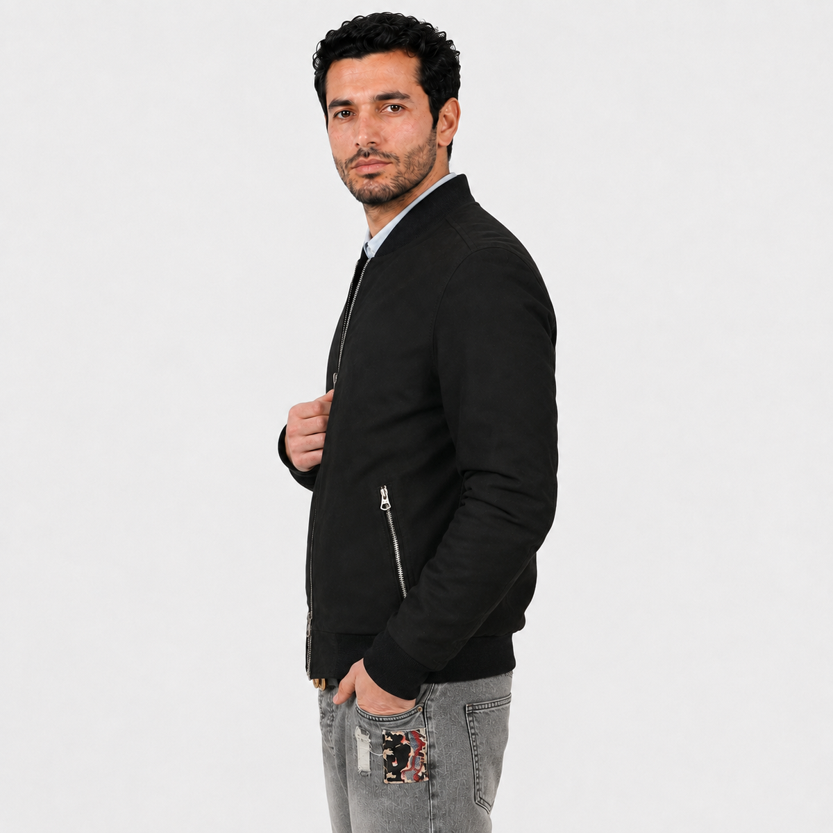 Giubbino in vera pelle di vitello scamosciata Nero-Slim Fit-Art.XM54CAMOSCIO