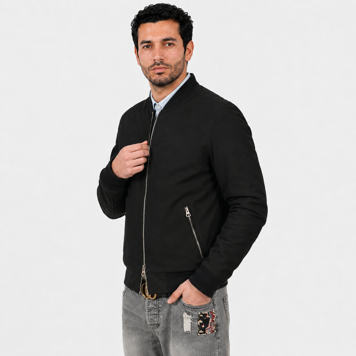 Giubbino in vera pelle di vitello scamosciata Nero-Slim Fit-Art.XM54CAMOSCIO