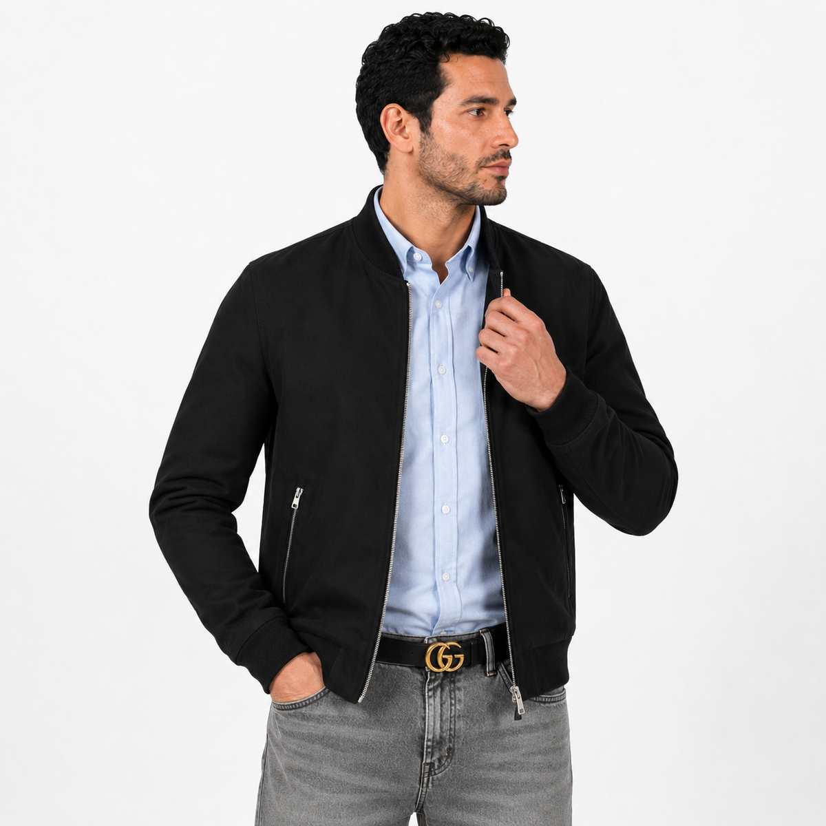 Giubbino in vera pelle di vitello scamosciata Nero-Slim Fit-Art.XM54CAMOSCIO